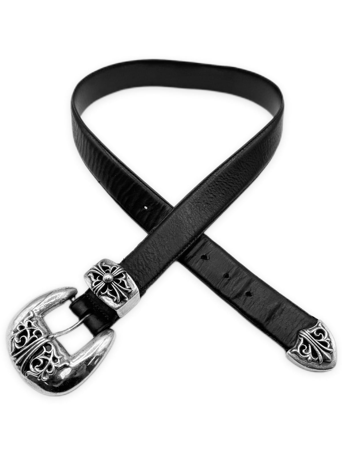 Chrome Hearts 3 Piece Western .925 Silver Black Leather Belt