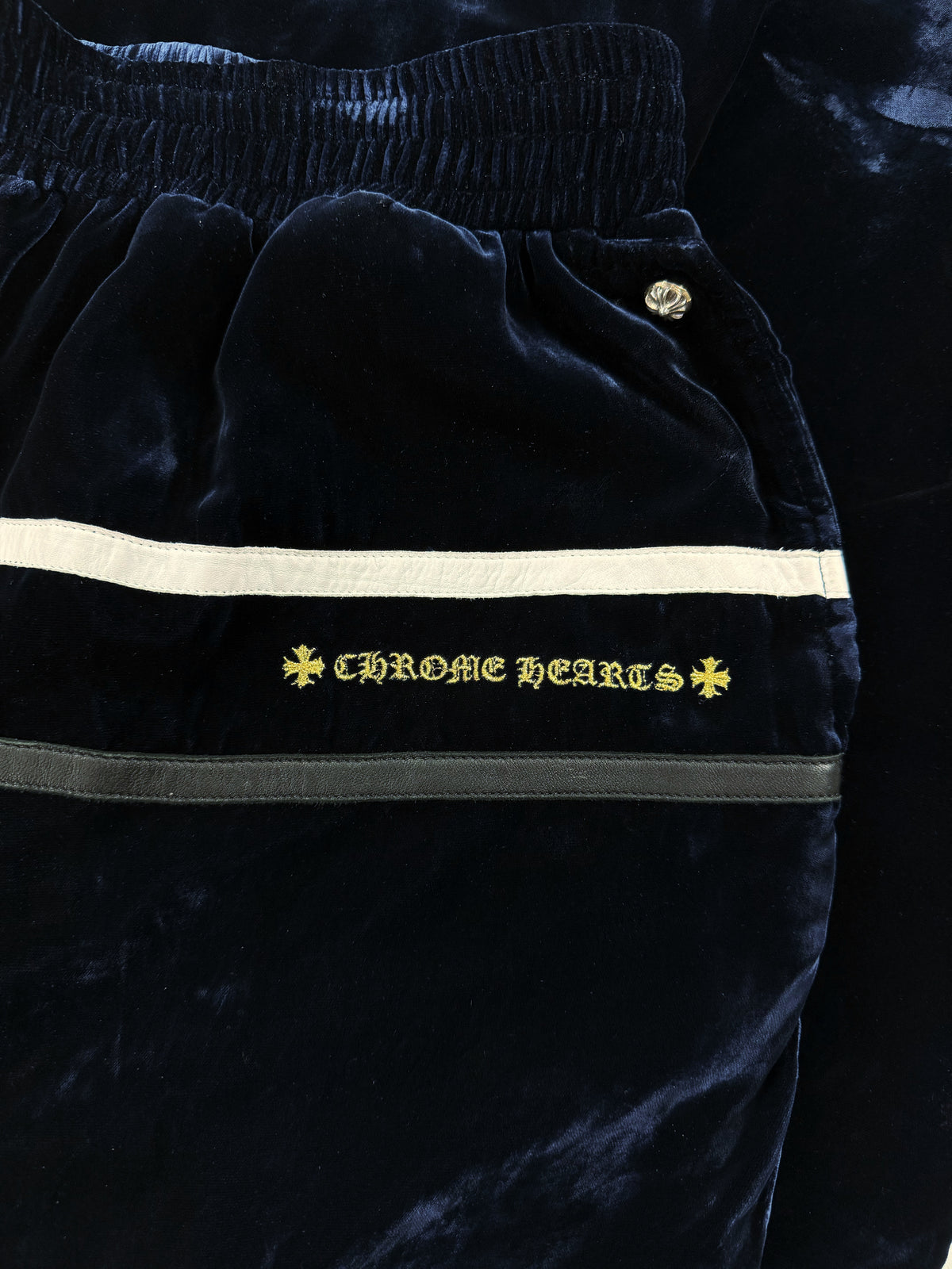 Chrome Hearts Y Not Velour Navy Blue Striped Embroidered Sweat Pants