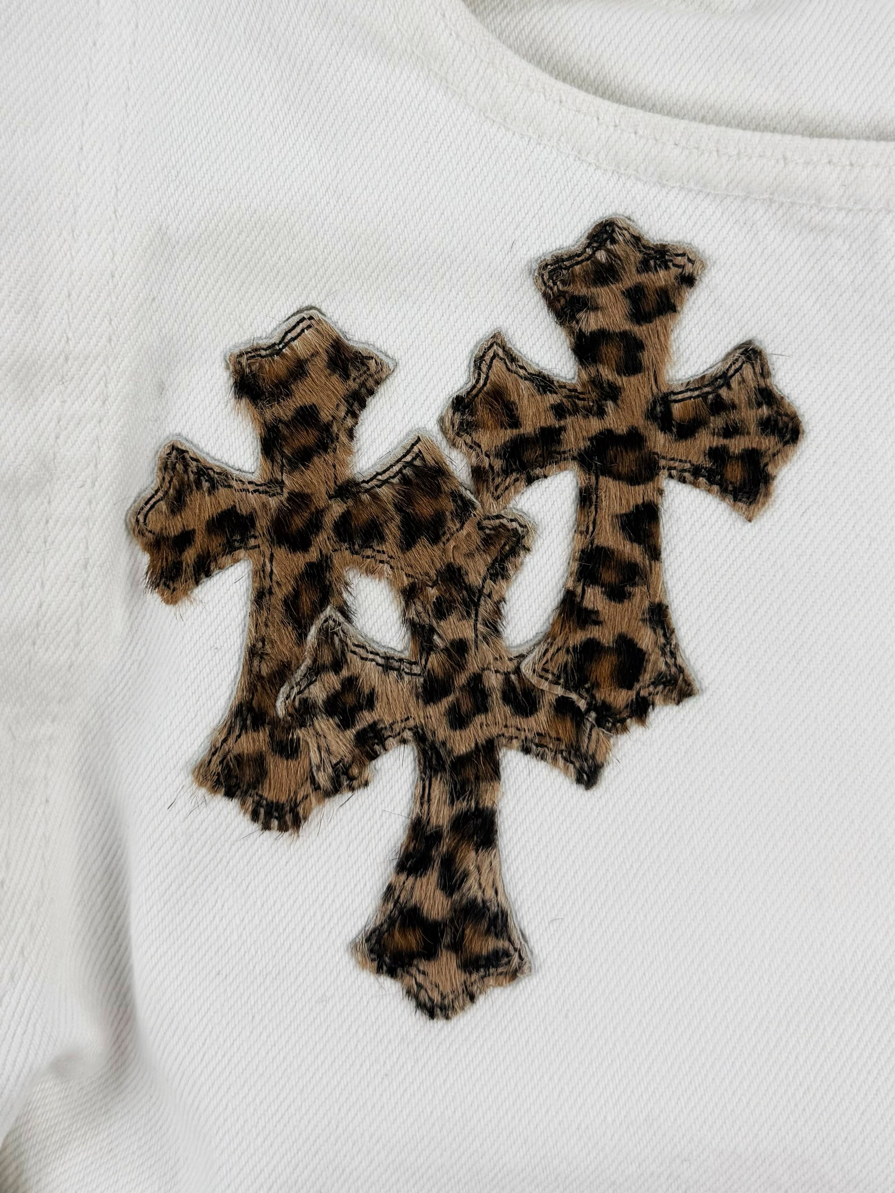 Chrome Hearts Levi’s 501 Cheetah Pony Hair Cross Patch White Denim Jeans