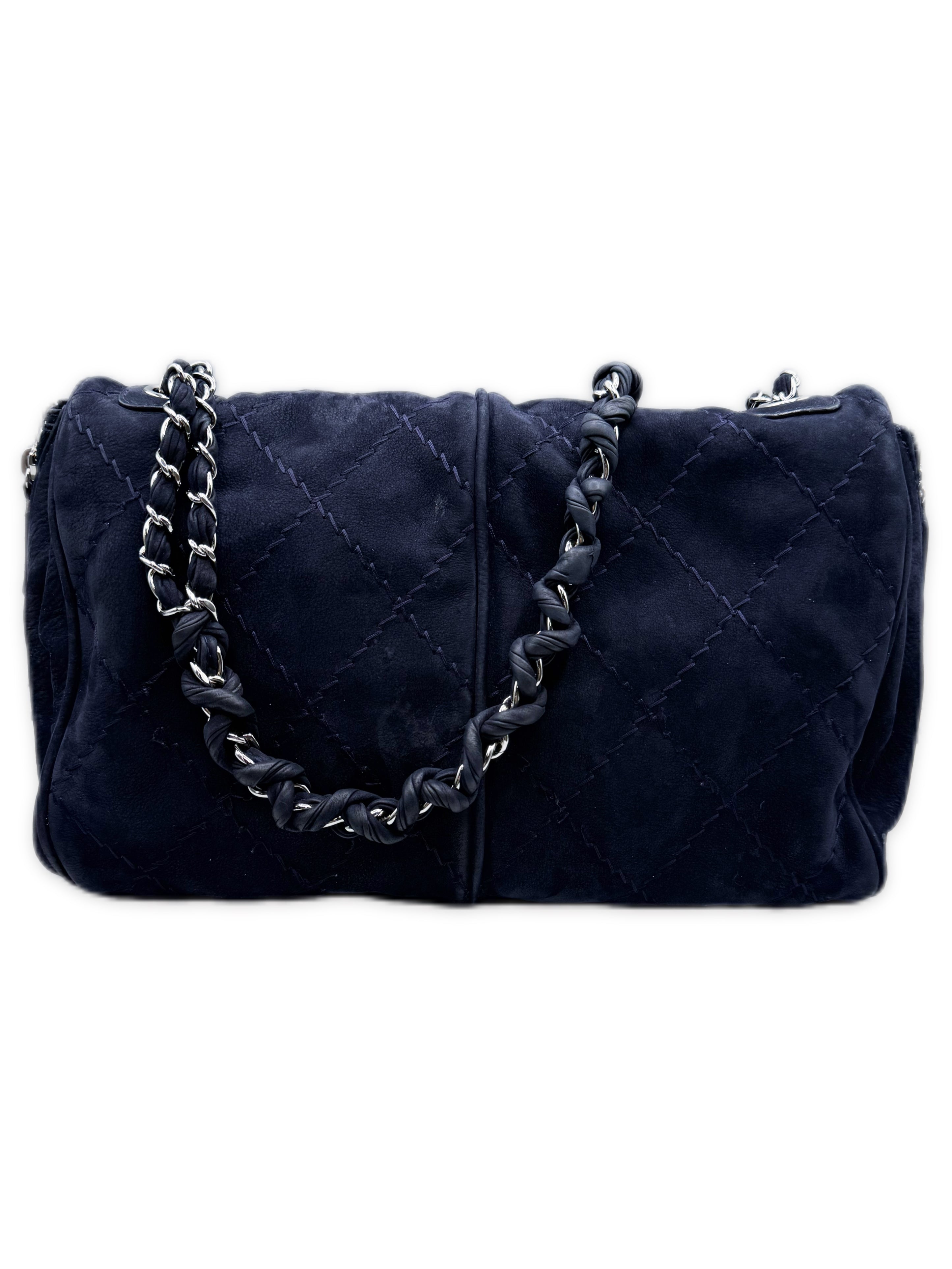 Chanel Nubuck Leather CC Navy Blue Large Flap Bag