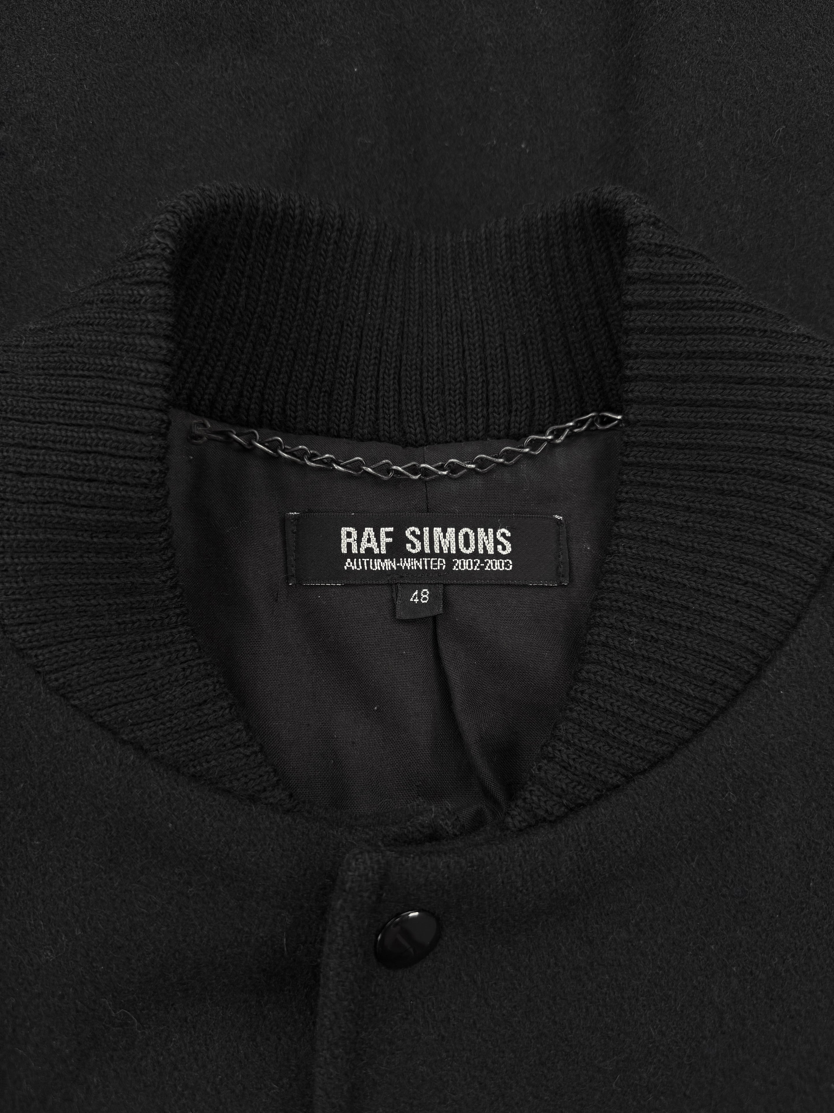 AW02 Raf Simons Virginia Creeper Leather Sleeve Chenille Patch Varsity Jacket