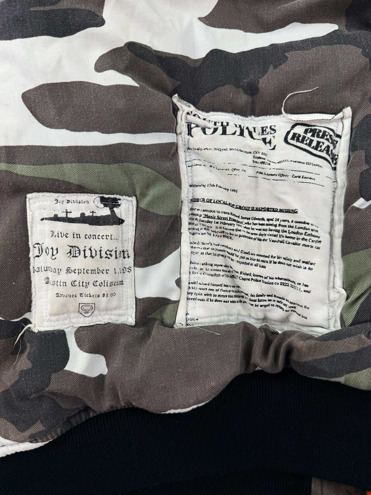 AW01 Raf Simons ‘Riot Riot Riot’ Snow Camouflage Patched Bomber Jacket