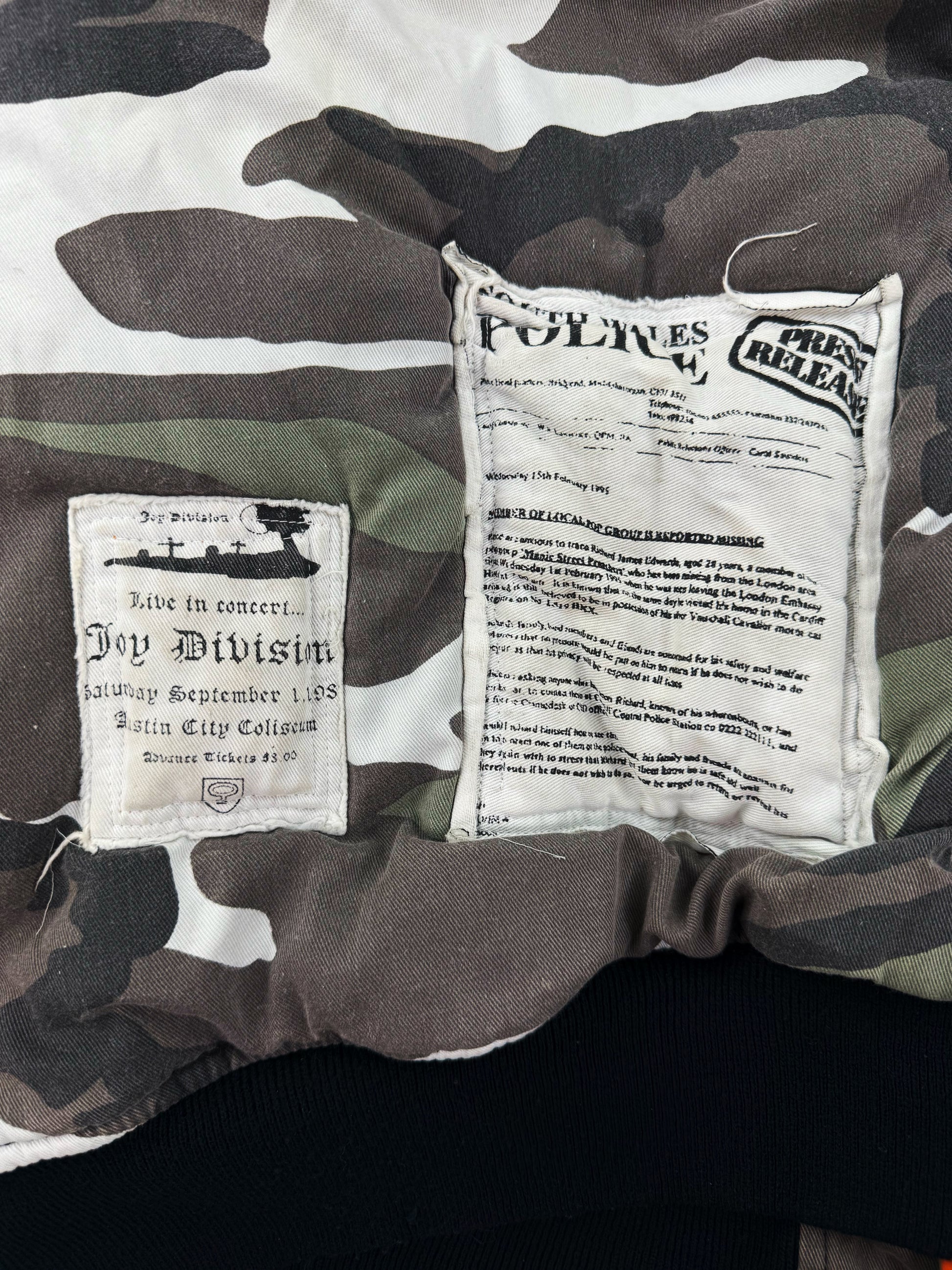 AW01 Raf Simons ‘Riot Riot Riot’ Snow Camouflage Patched Bomber Jacket