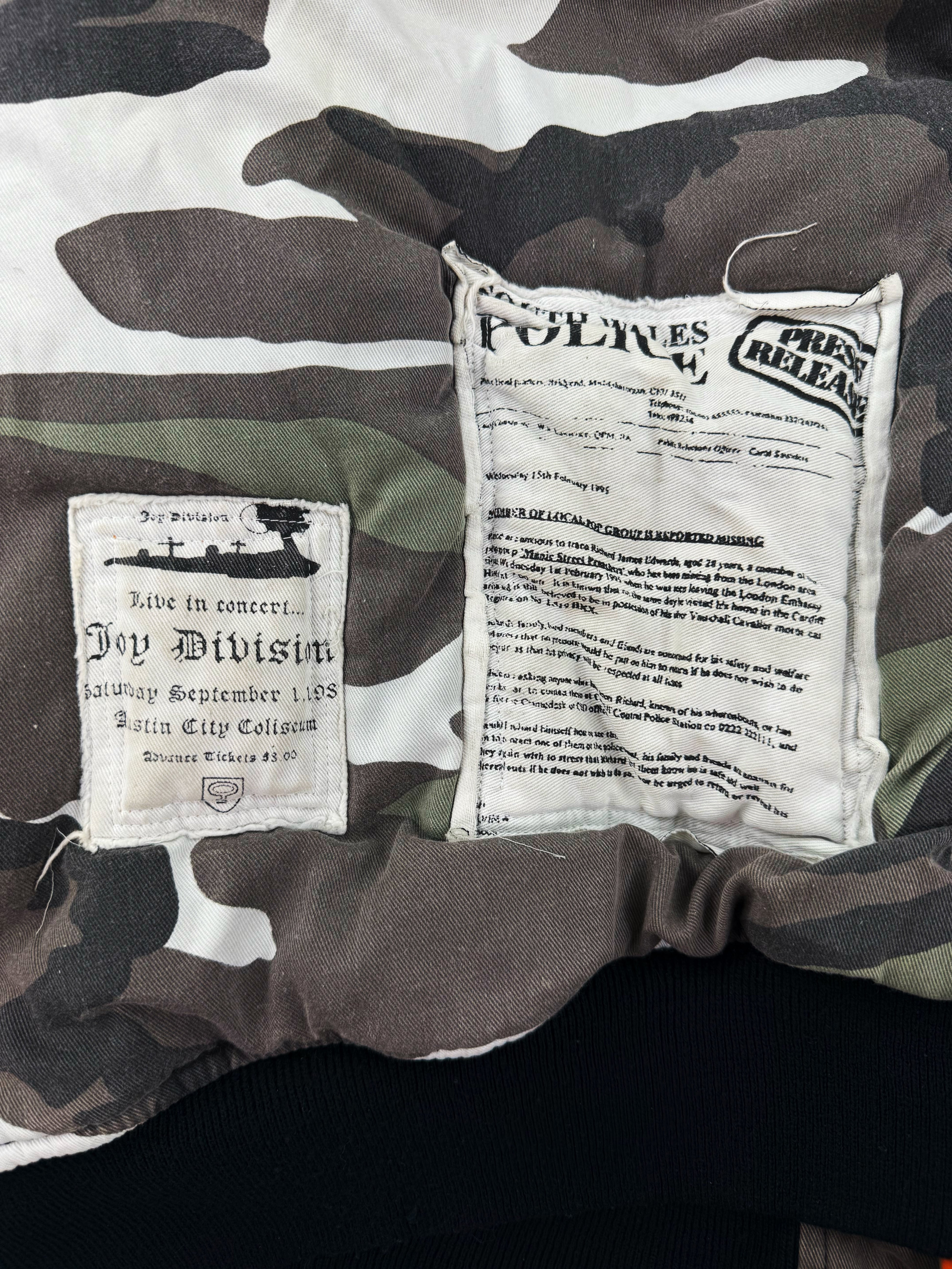 AW01 Raf Simons ‘Riot Riot Riot’ Snow Camouflage Patched Bomber Jacket