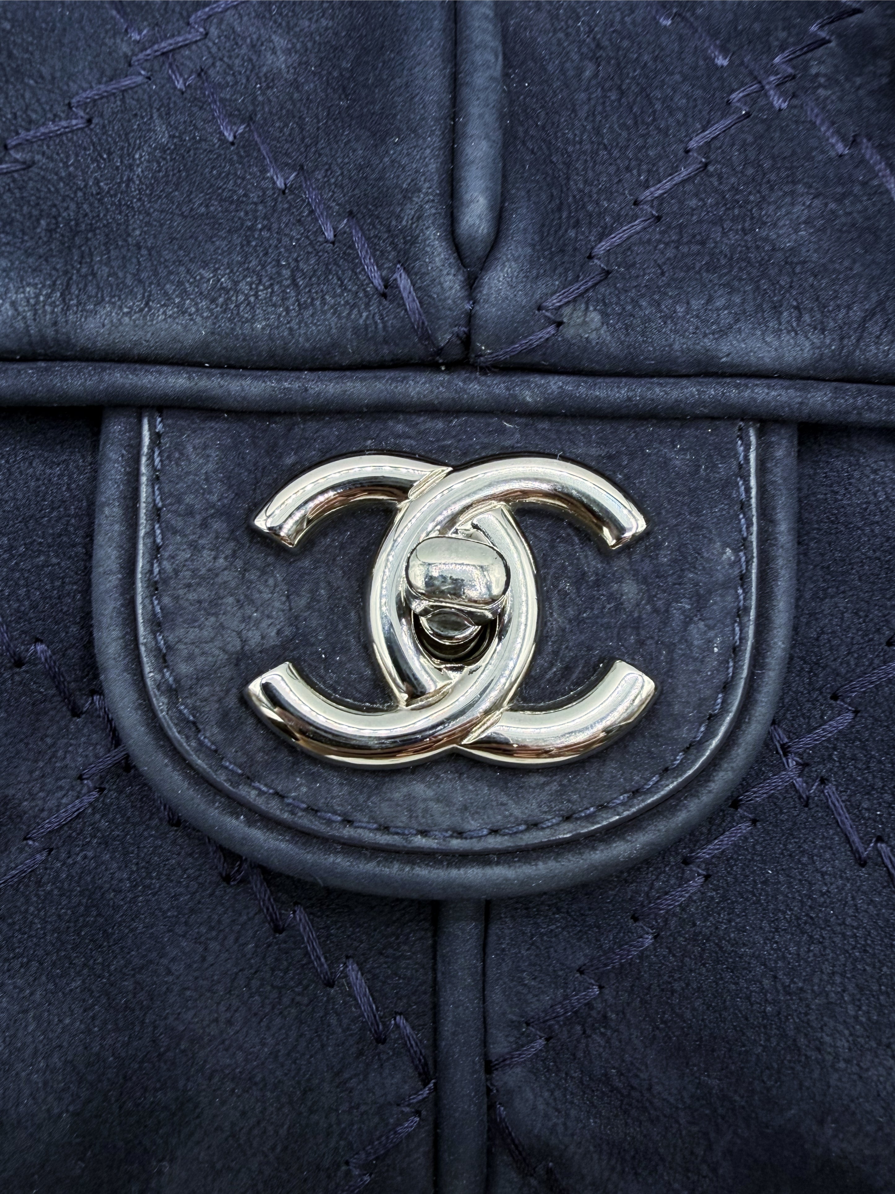 Chanel Nubuck Leather CC Navy Blue Large Flap Bag