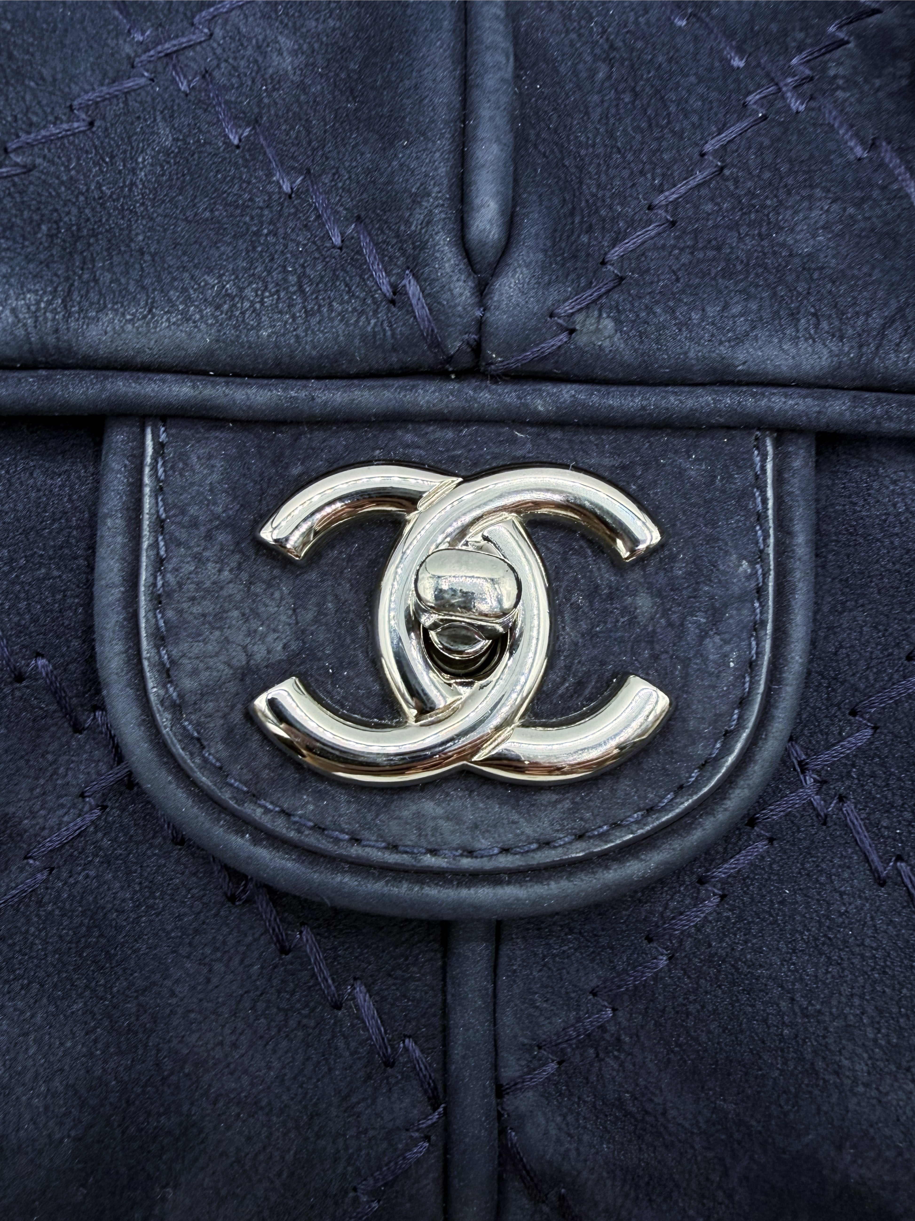Chanel Nubuck Leather CC Navy Blue Large Flap Bag