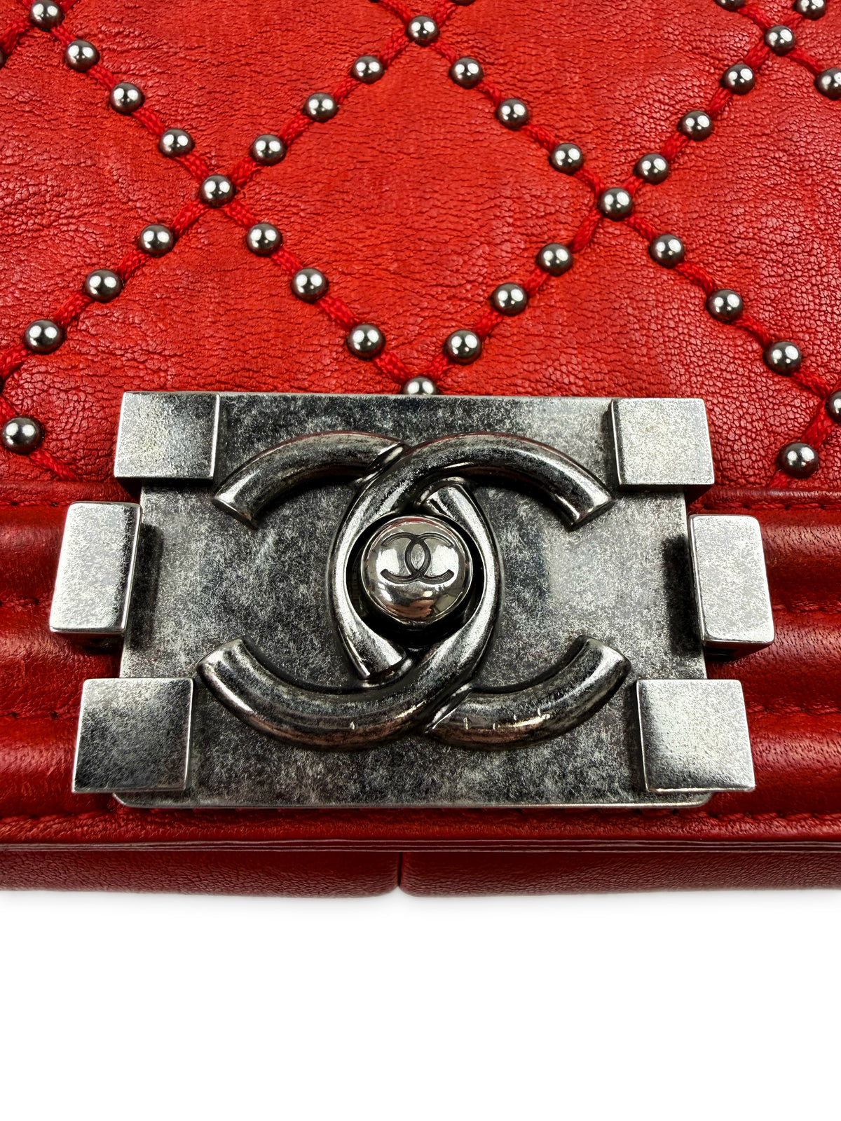 Chanel Studded Red Quilted Leather Medium Boy Bag