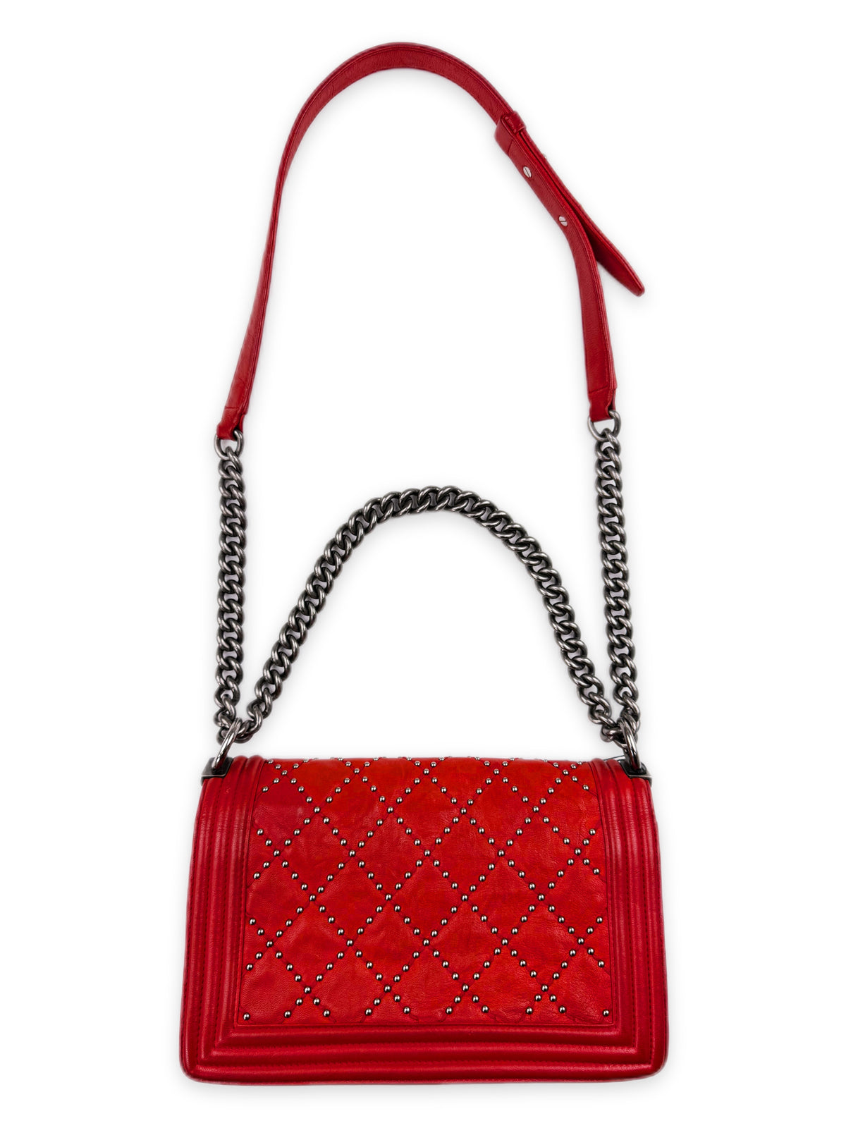 Chanel Studded Red Quilted Leather Medium Boy Bag