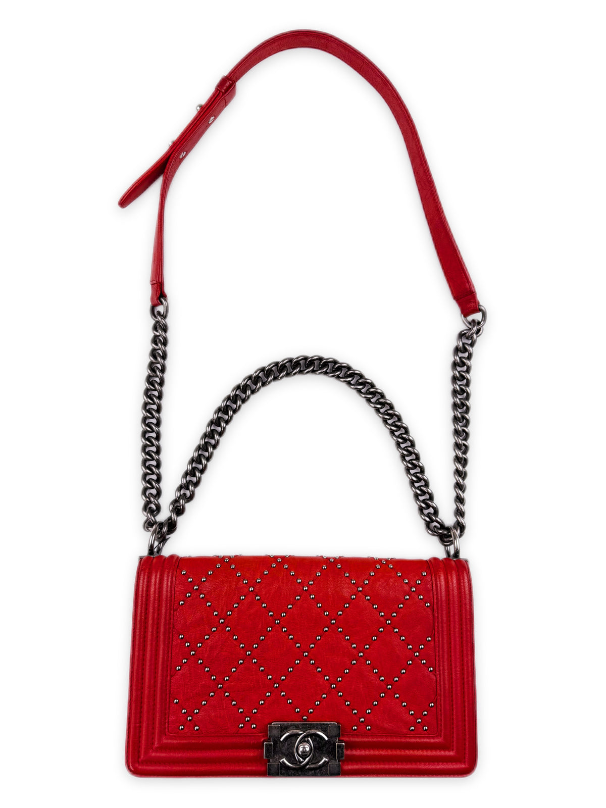 Chanel Studded Red Quilted Leather Medium Boy Bag