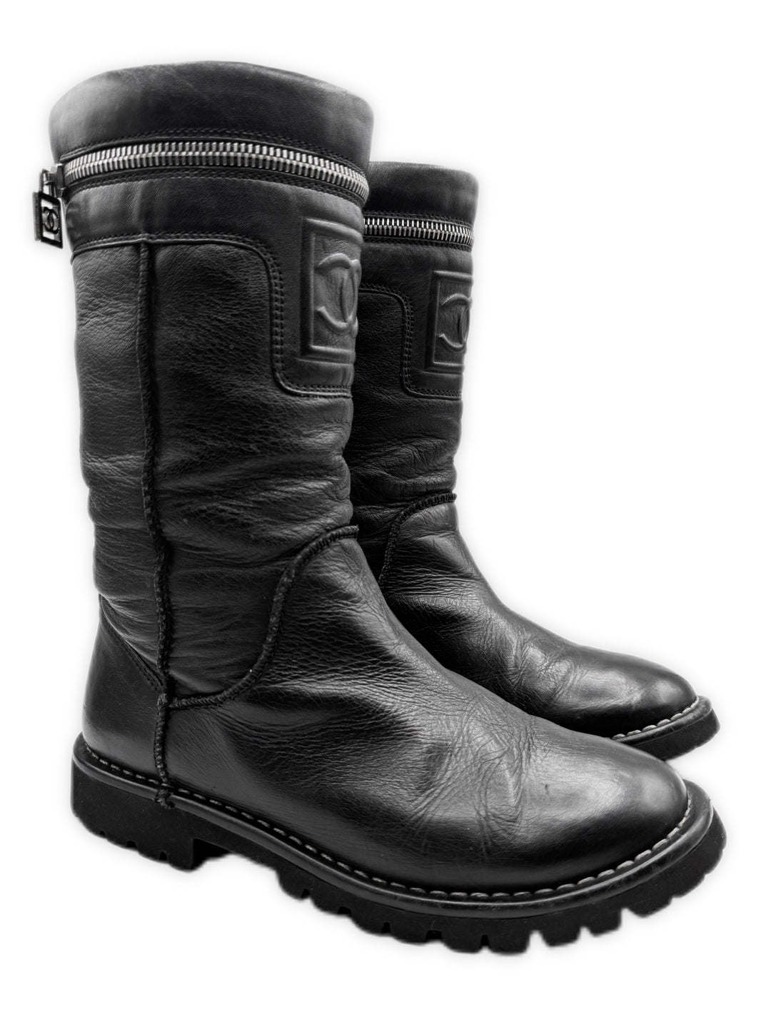 Chanel CC Logo Black Leather Moto Hi Top Boots
