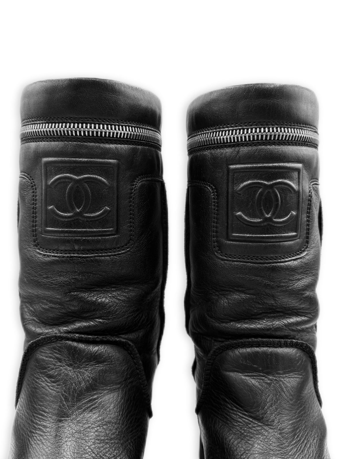 Chanel CC Logo Black Leather Moto Hi Top Boots