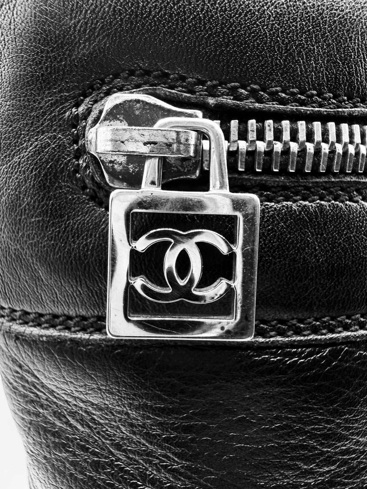 Chanel CC Logo Black Leather Moto Hi Top Boots