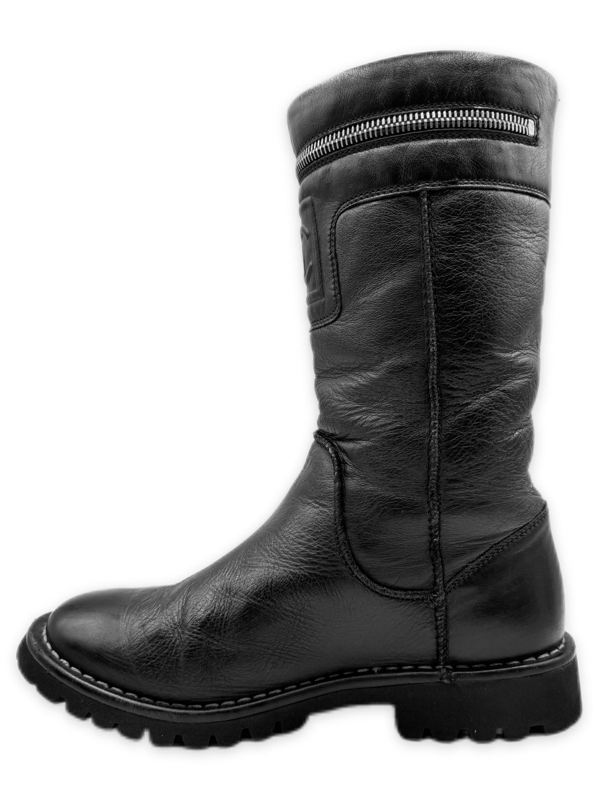 Chanel CC Logo Black Leather Moto Hi Top Boots