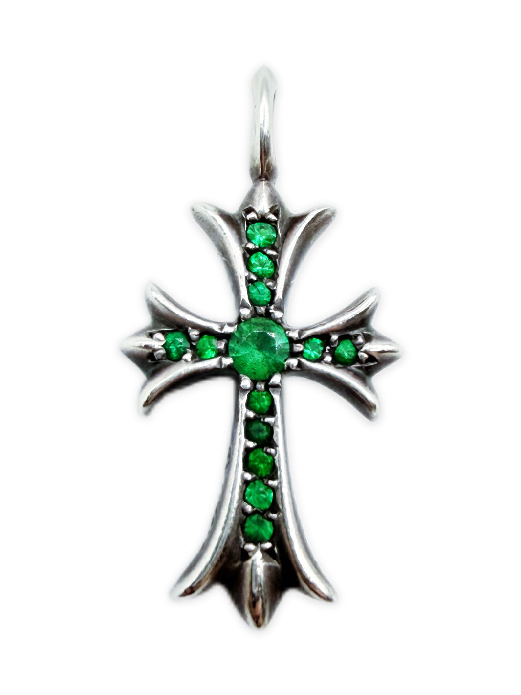 Chrome Hearts Emerald Pavé Factory Set .925 Silver Tiny Fat Cross Pendant